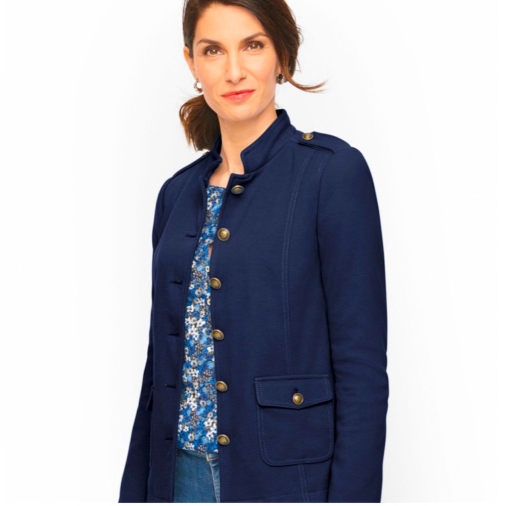 Talbots Navy Knit Band Jacket Size 16W Petite Military Blazer Preppy Gold Button